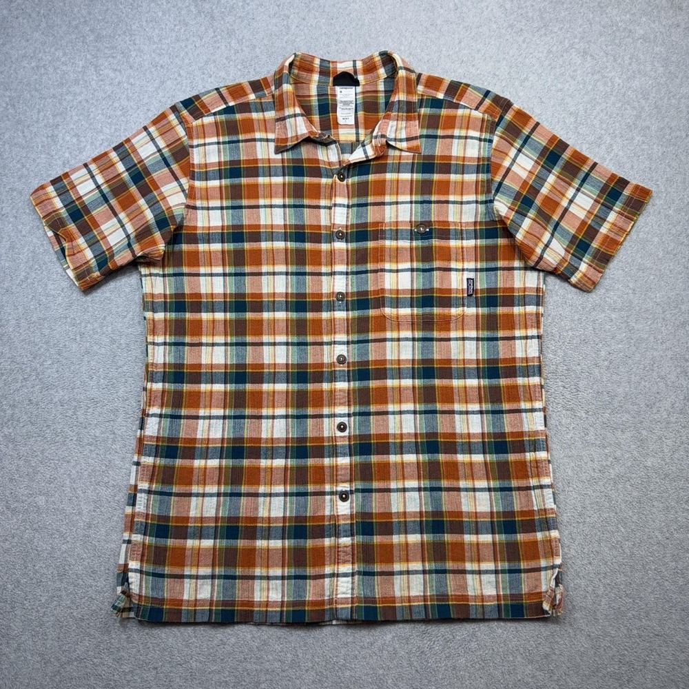 Patagonia Lightweight A/C Shirt Men Large Teal Orange Plaid Short Sleeve Organic